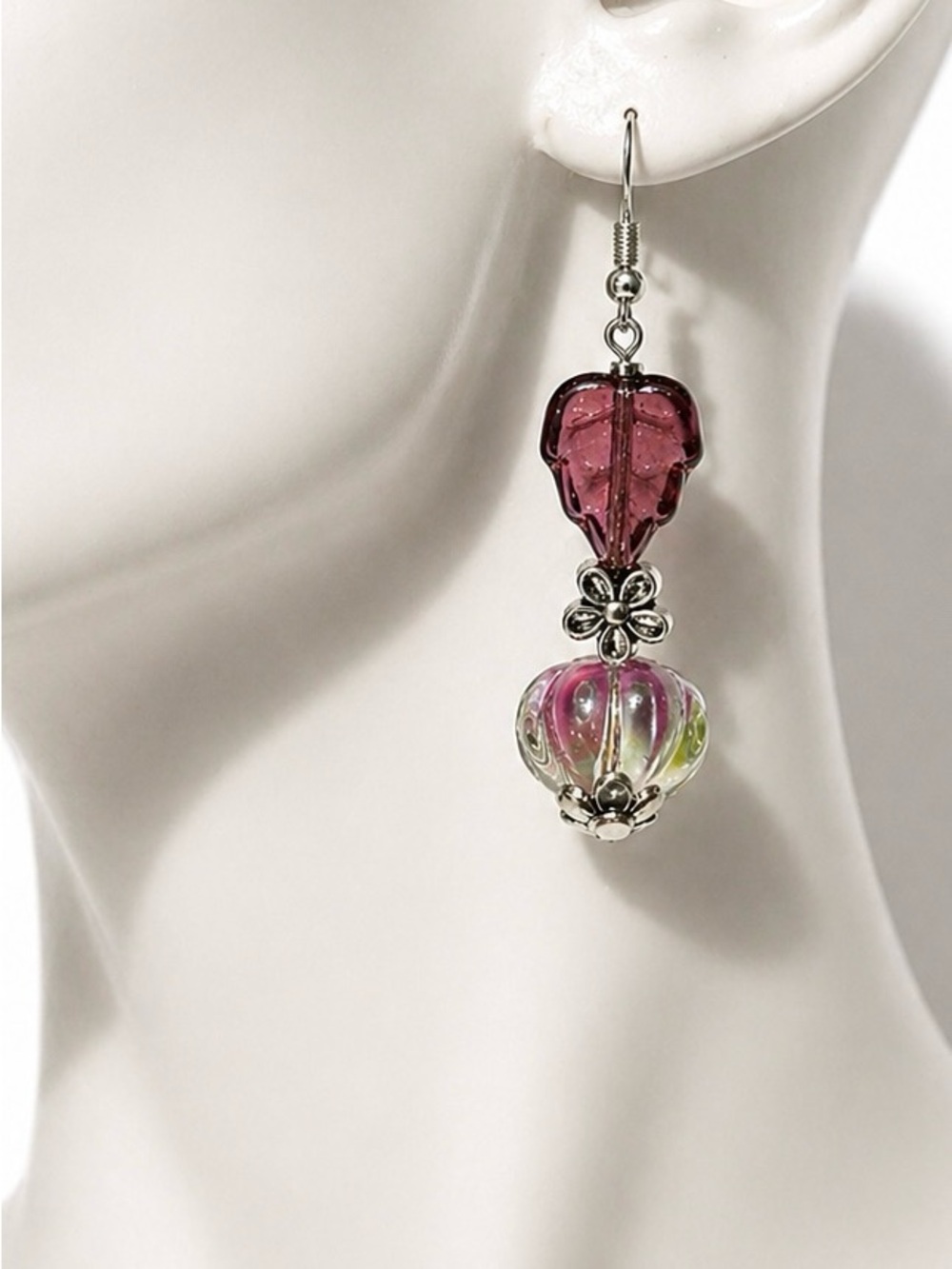 Boho Glass Leaf Earrings, Plum Leaf Mixed Glass Dangle, Artisan, Ships Free - Picture 8 of 11